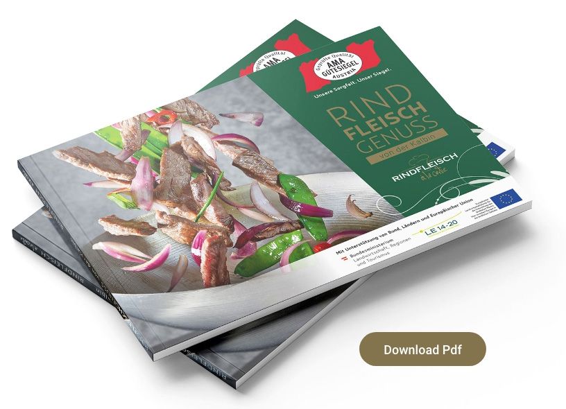 Das Bild zeigt die Broschüre "Rindfleisch Genuss" und animiert zum Download des PDFs